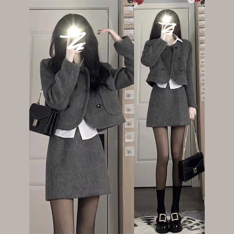 速发高级感毛呢小香套装秋冬季小款新气子个质短款外套半身裙两件
