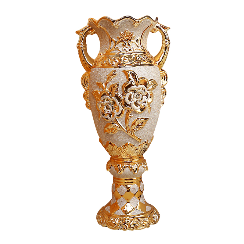 陶瓷花瓶落地高脚m宽口金色奢华奖杯状客厅电视柜旁花器大号摆件
