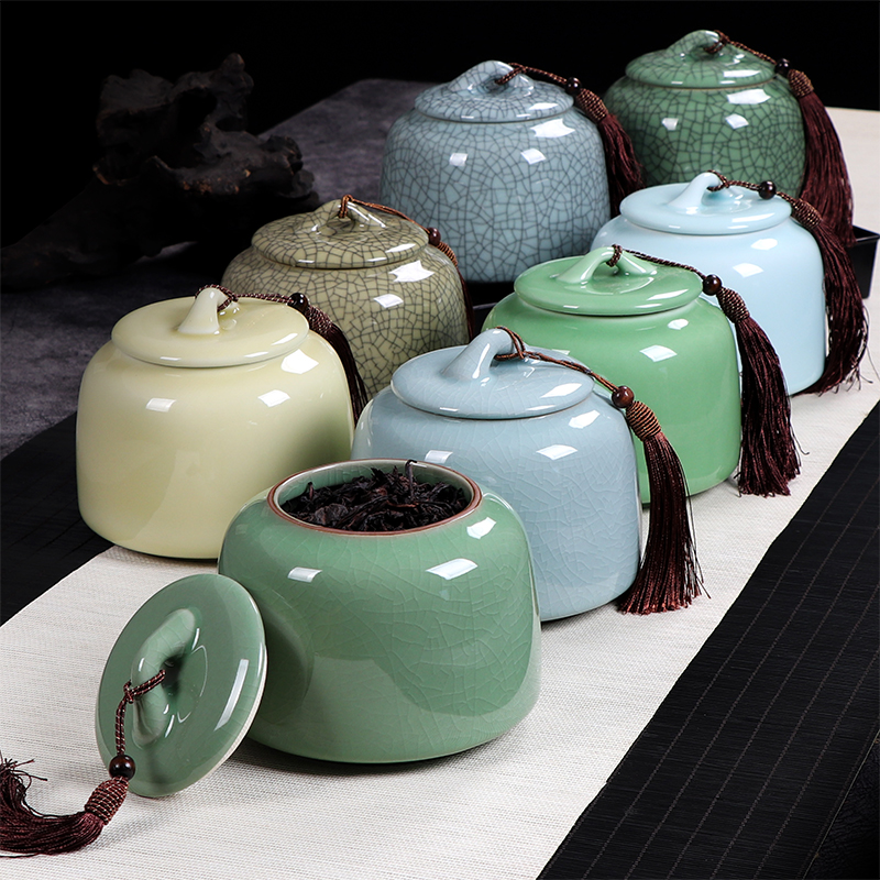 陶瓷茶叶罐 密封罐储茶罐普洱茶盒茶缸G大号龙泉御茗青瓷 哥窑弟