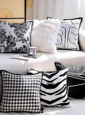 黑白色抽象法式树木ins风方枕复古棋盘格抱P枕套靠枕美式沙发靠垫