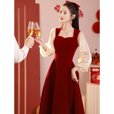 日本品质长袖敬酒服新娘2025新款夏季小个子酒红色订婚礼服实体店