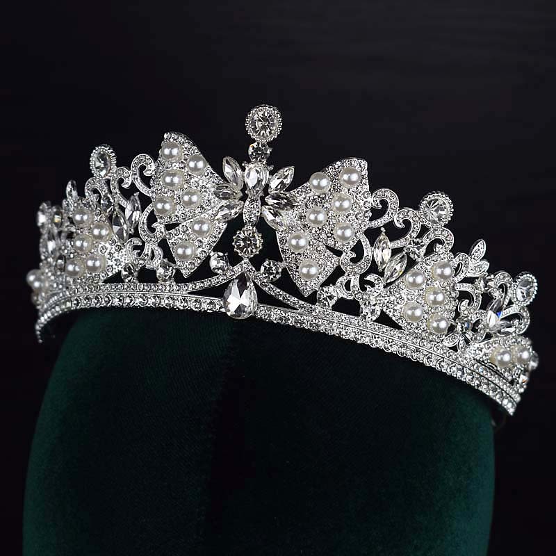 日本品质网红法式轻奢发饰蝴蝶结珍珠皇冠新娘主婚纱头冠公主生日