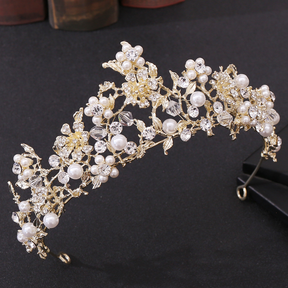 日本品质H1273花朵镶钻新娘皇冠 手工串珠珍珠头饰发箍婚纱礼服配