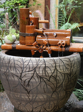 竹子筒流水器g鱼缸鱼盆石槽养鱼循环过滤喷泉风水轮车增氧加湿摆