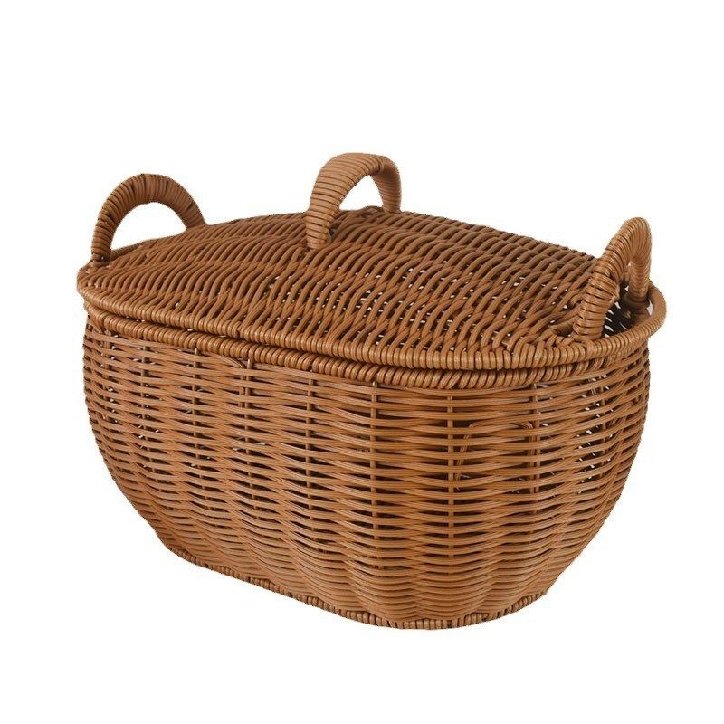 仿藤手工编织篮椭圆带盖储物筐家用客厅J整理水果零食篮收纳野餐,收纳整理,收纳筐,淘宝优惠券,粉丝福利购,淘宝优惠卷