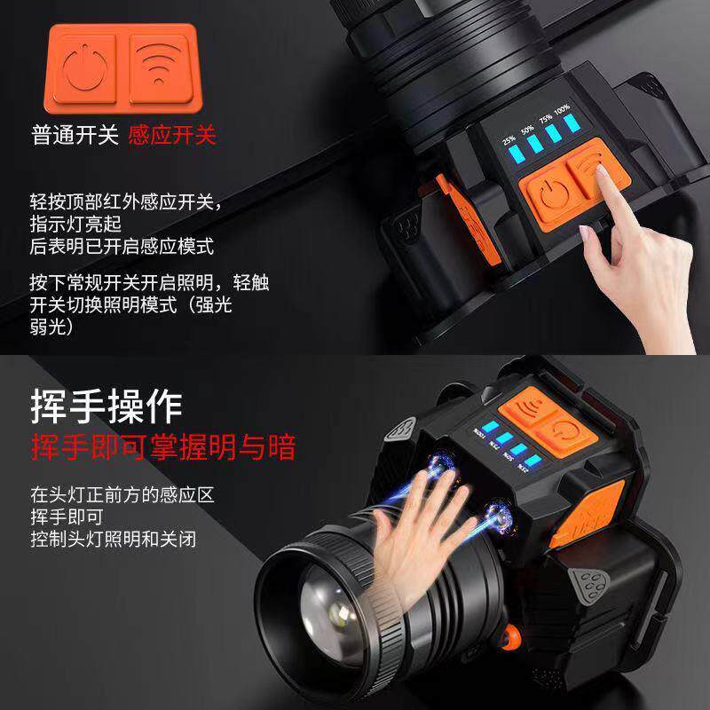 국경 간 LED 헤드라이트 강한 빛 USB 충전 초고휘도 유도 헤드 장착형 장거리 탈장 야외 야간 낚시 소형 광부의 램프