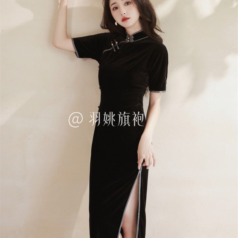 极速古法黑色旗袍女民国老上海旧事丝绒简约复古显瘦改良日常走秀