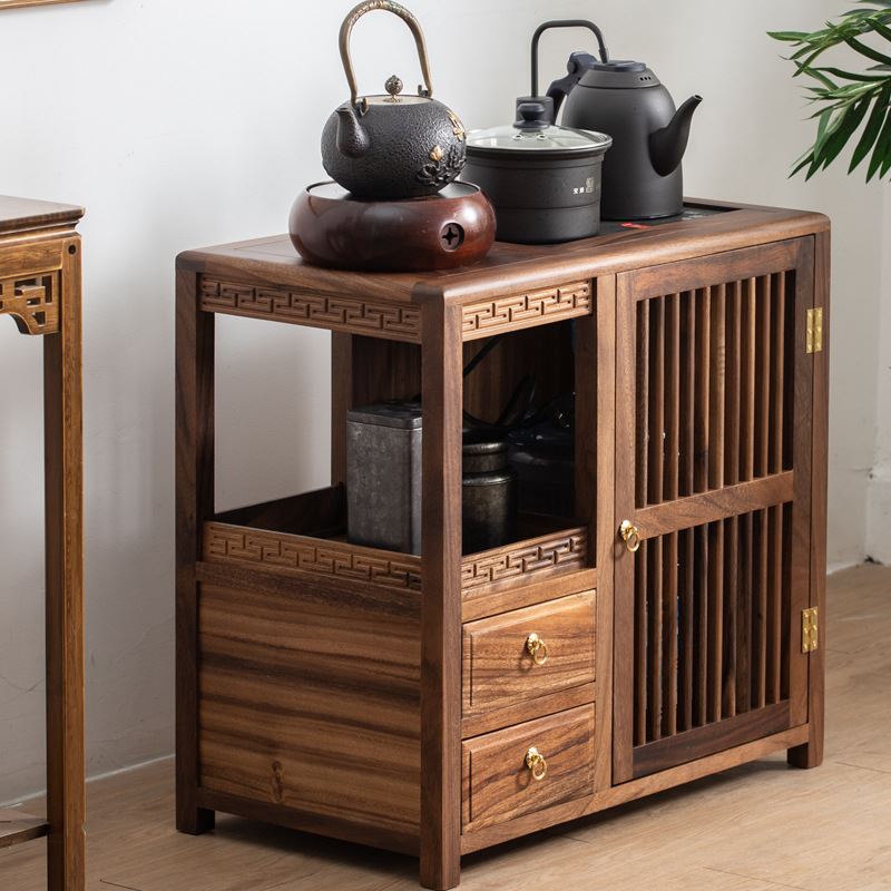 胡桃木茶水柜功夫茶台中式茶边柜烧水壶一体下置水桶茶吧机茶柜