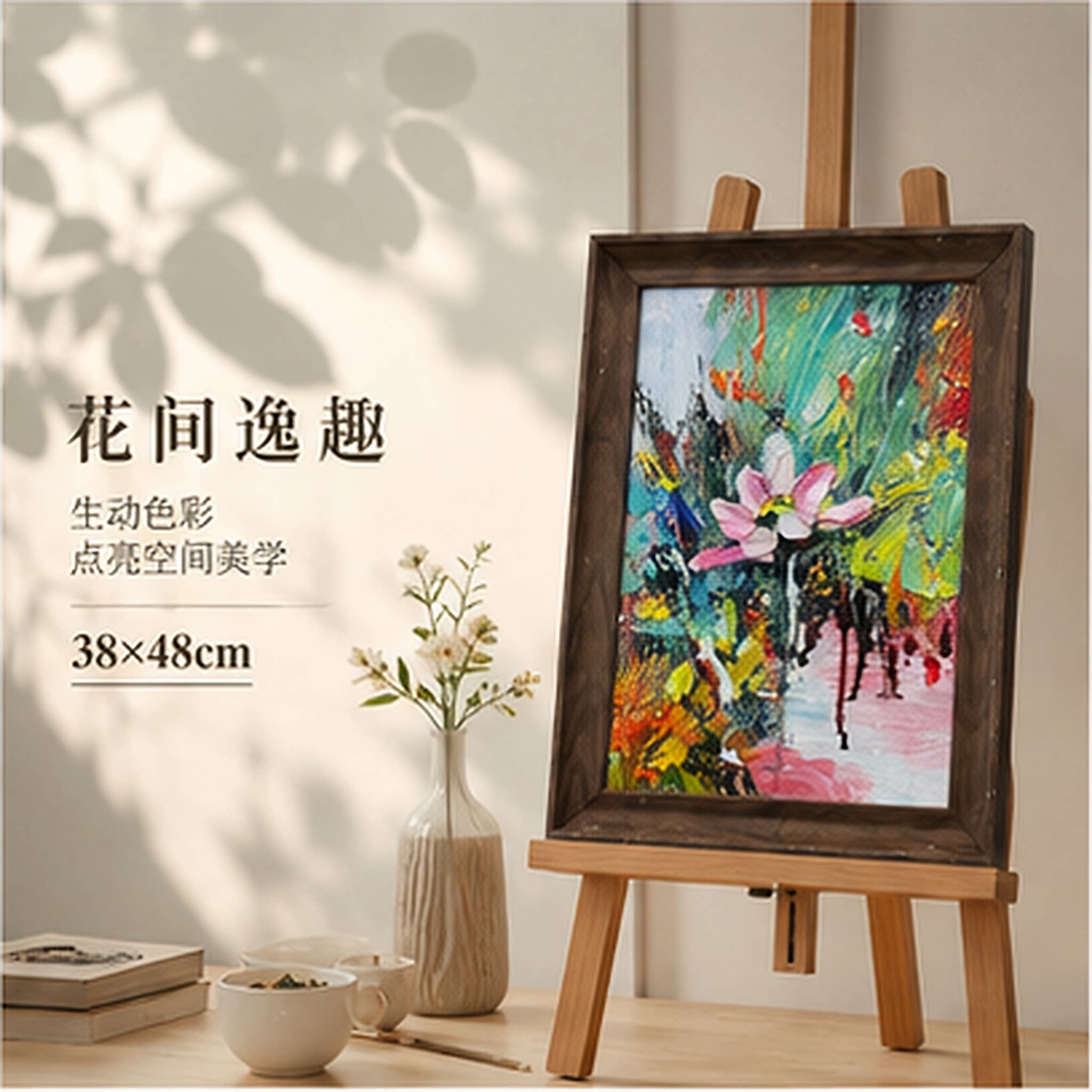 《花间逸趣抽象刮刀荷花竖版油画现代装饰画