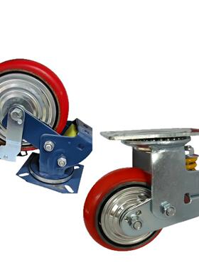 聚6寸8寸PU减震脚轮氨酯铁芯聚酯蓝色氨双簧减单震轮簧减震轮