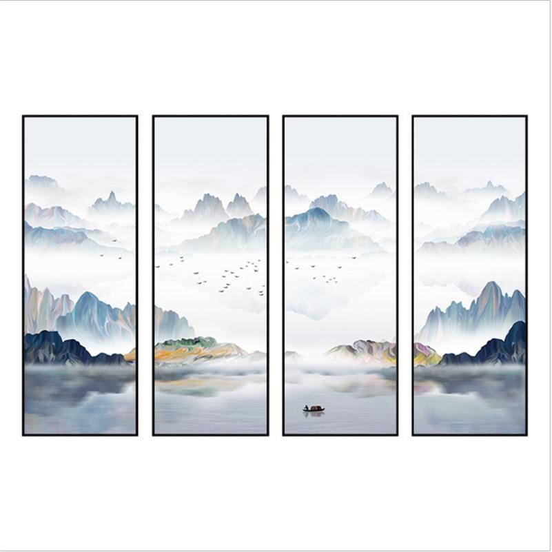 新中式禅意风景画书房装饰画山水意境壁画竖款四联沙发背景墙挂画