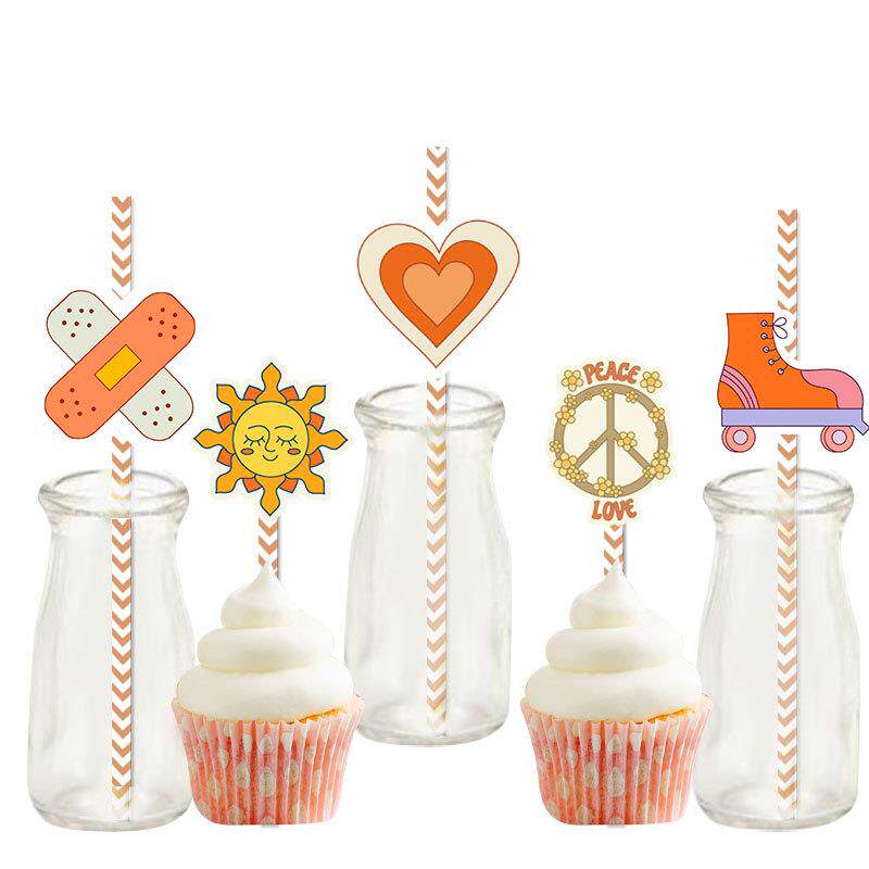 嬉皮士装饰24件一套吸管Two Groovy周岁派对一次性吸管插旗