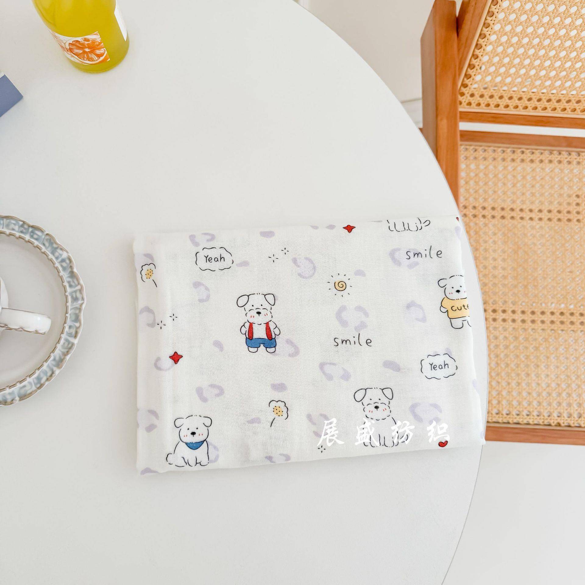 全棉双层纱布数码印花布料 可爱卡通狗狗面料 童装睡衣家居服棉布