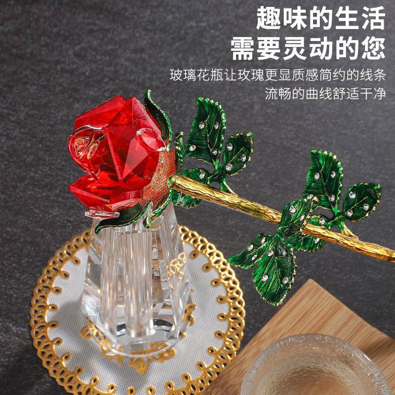 法兰叶水晶玫瑰花摆件男送女朋友结婚生日礼品男送女神情人节礼物