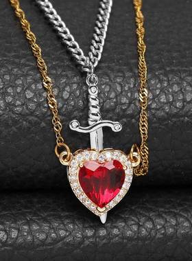 跨境新品红宝石一剑穿心镶钻情侣项链时尚剑爱心情人节组合项链