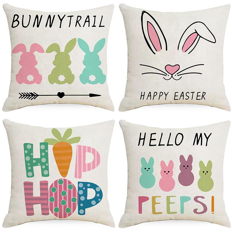 复活节亚麻印花抱枕套春季卡通兔子彩蛋跨境节日家居沙发靠枕套