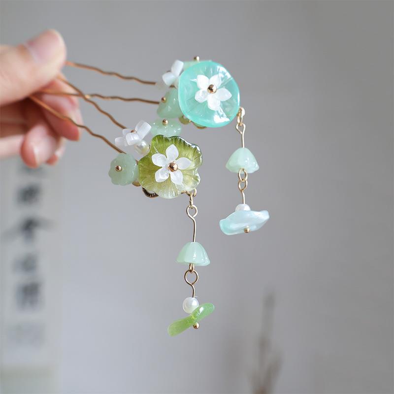 古风夏日清新荷叶发钗国风发饰莲蓬U型钗新中式流苏点缀小钗头饰