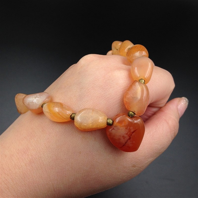 日本广岛Vintage复古天然石玛瑙石爱心坠串珠镀金复古收藏项链