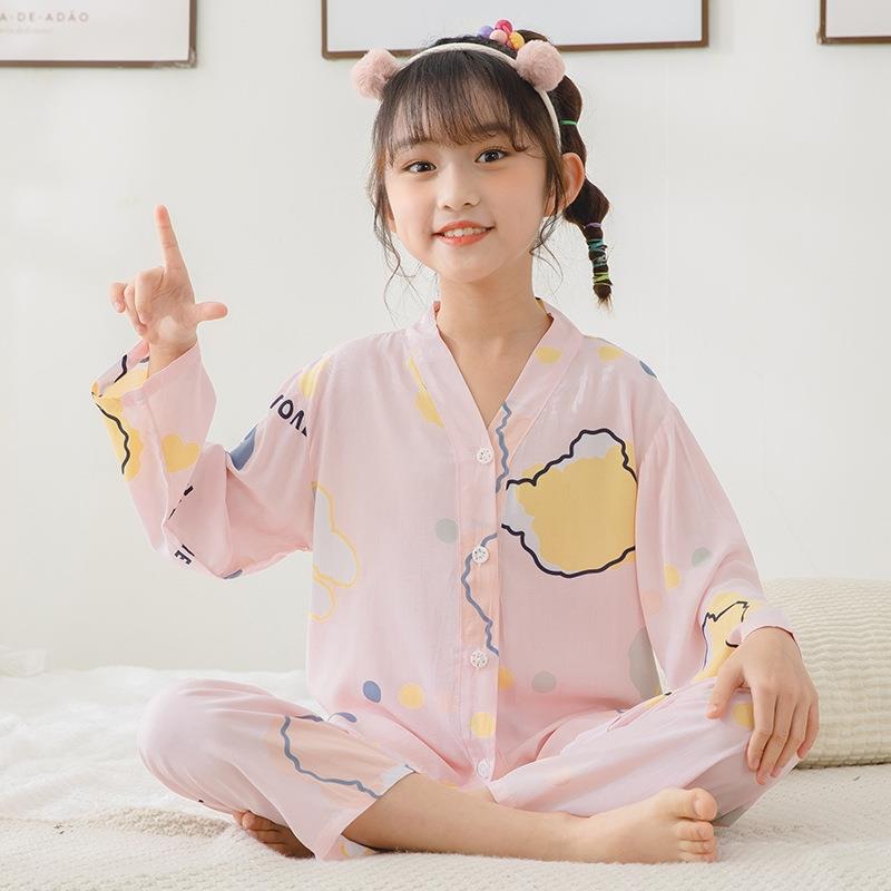 棉绸睡衣儿童男孩长袖男童夏季夏天男款开衫夏款绵绸空调房家居服