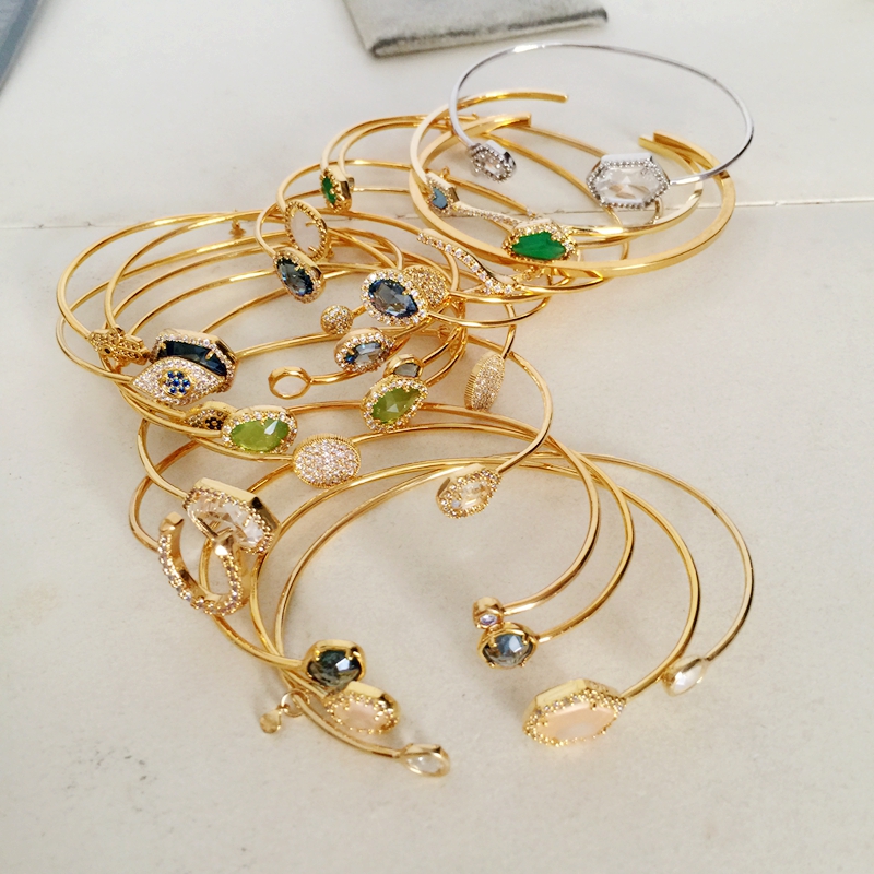 手镯 看好尺寸不退728 韩系 超细质感亮金色开口椭圆镶水晶质感