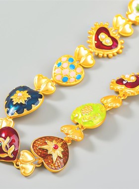 欧美跨境心形项链合金滴油项饰多层爱心花卉颈链波西米亚配饰