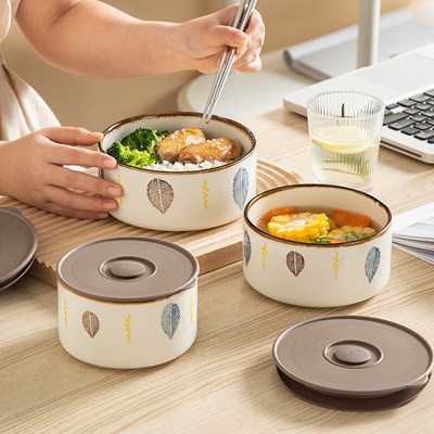 小清新保鲜碗带盖陶瓷泡面碗可微波炉加热上班族便当碗专用保鲜碗