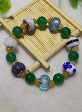 天然巴西深绿色玉髓搭配路路通配饰黄翡手錬手串佛串佛珠 男女款