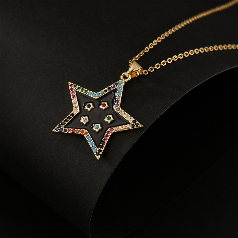 澳古 跨境 亚马逊新品 黑白两色滴油五角星吊坠 铜微镶项链