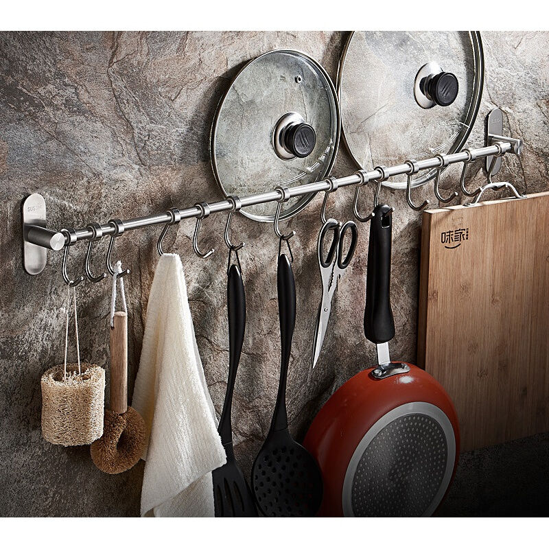 免打孔厨房挂钩架304不锈钢免钉勺子铲子挂架壁挂式厨房挂杆(打孔