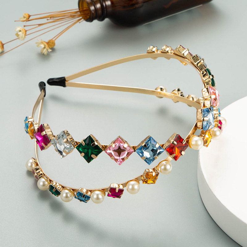 欧美跨境网红时尚外贸双层金属发箍女韩版珍珠镶水钻超闪发箍