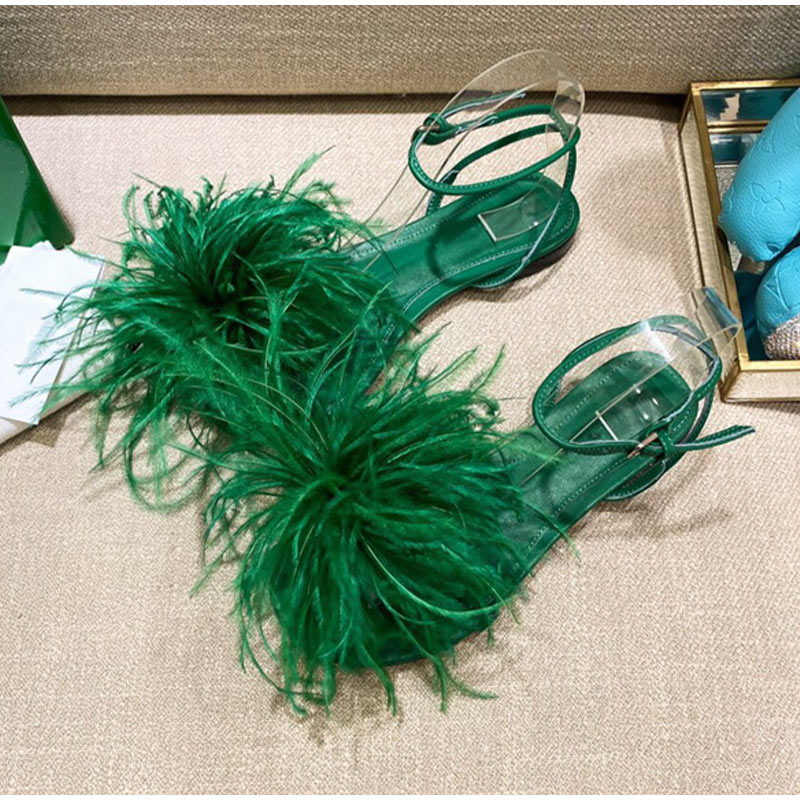 2022 Summer Womens Sandals Feamle Feather Thin High Heels S