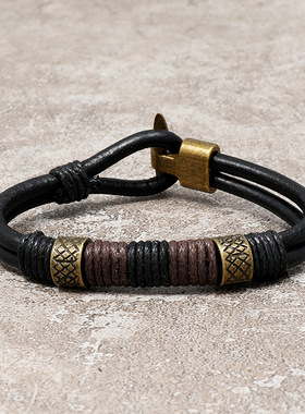 现货简约编织黑色牛皮手錬欧美男士流行复古饰品跨境手饰手环