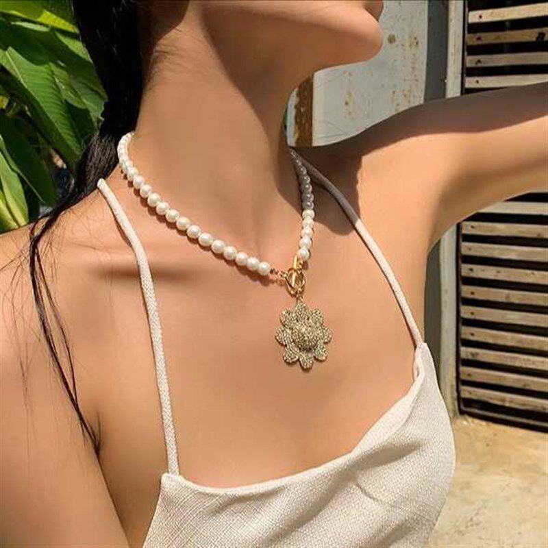 欧美夏季甜酷唯美性感气场满钻向日葵朵镶钻珍珠OT扣项链女锁骨链