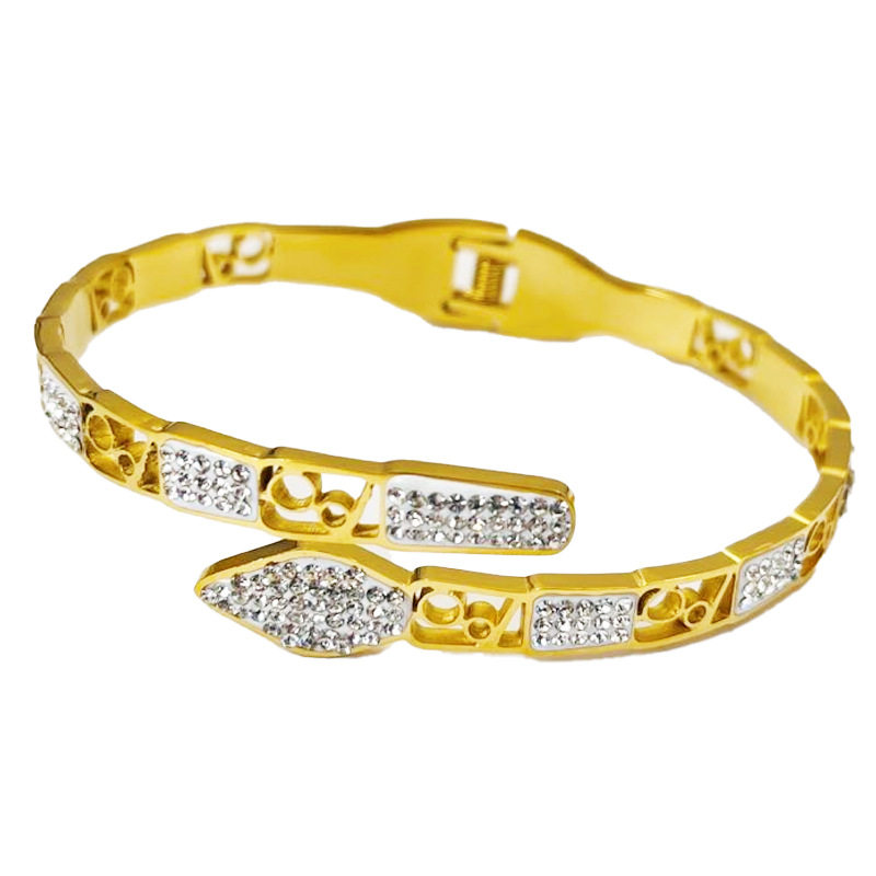 欧美跨境绿眼灵蛇不锈钢镶钻石可调节手镯蛇形手环生日礼物HB225