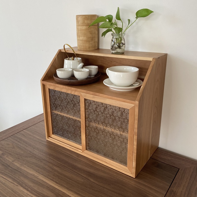 黑胡桃木桌面小柜子玻璃门储物柜护肤品茶杯碗盘收纳柜厨房置物架