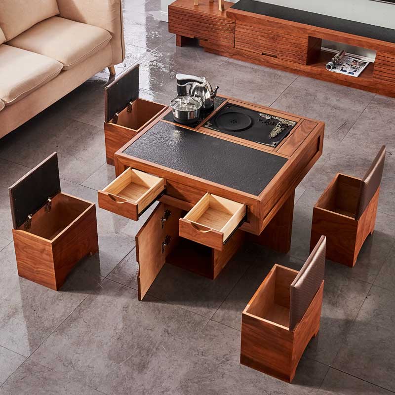 阳台实木喝茶桌椅组合 小茶台 火烧石功夫茶几 鸡翅木茶盘方茶几