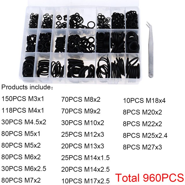 960PCS/Box O Ring Rubber Washer Seals Assortment Black O-Rin