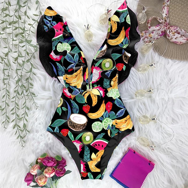 2022 New Print Swimwear Deep V-neck Ruffle Swimsuit Push Up