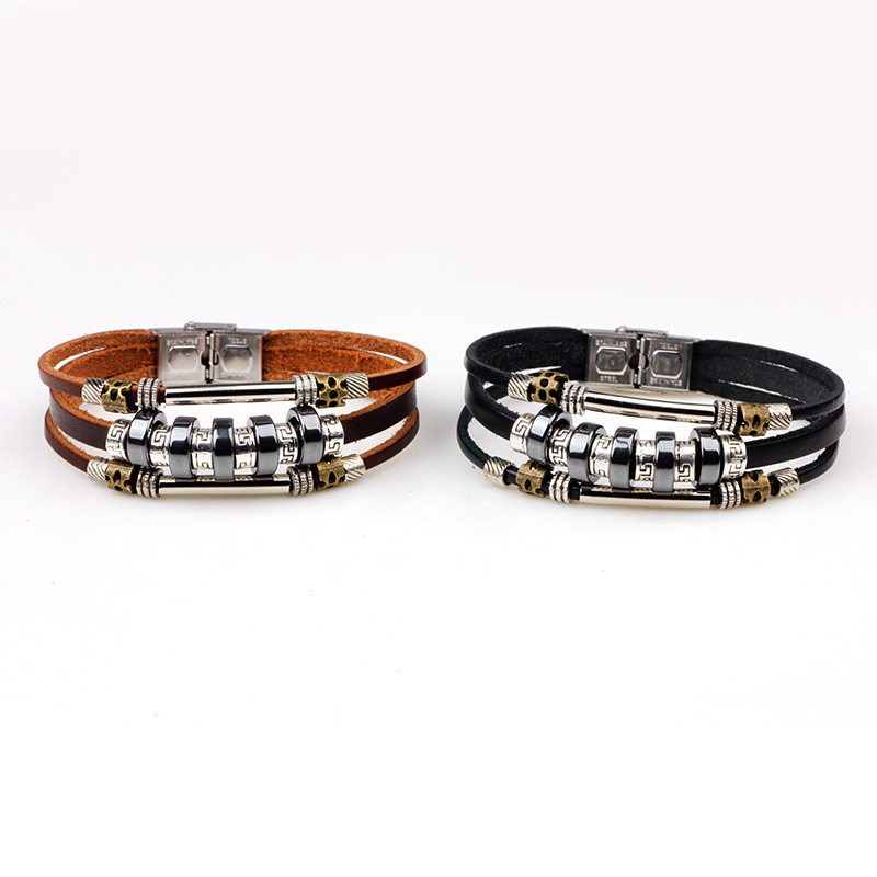 欧美精品手工特色饰品串珠黑胆石真皮手錬义乌小商品时尚简约