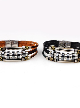 欧美精品手工特色饰品串珠黑胆石真皮手錬义乌小商品时尚简约