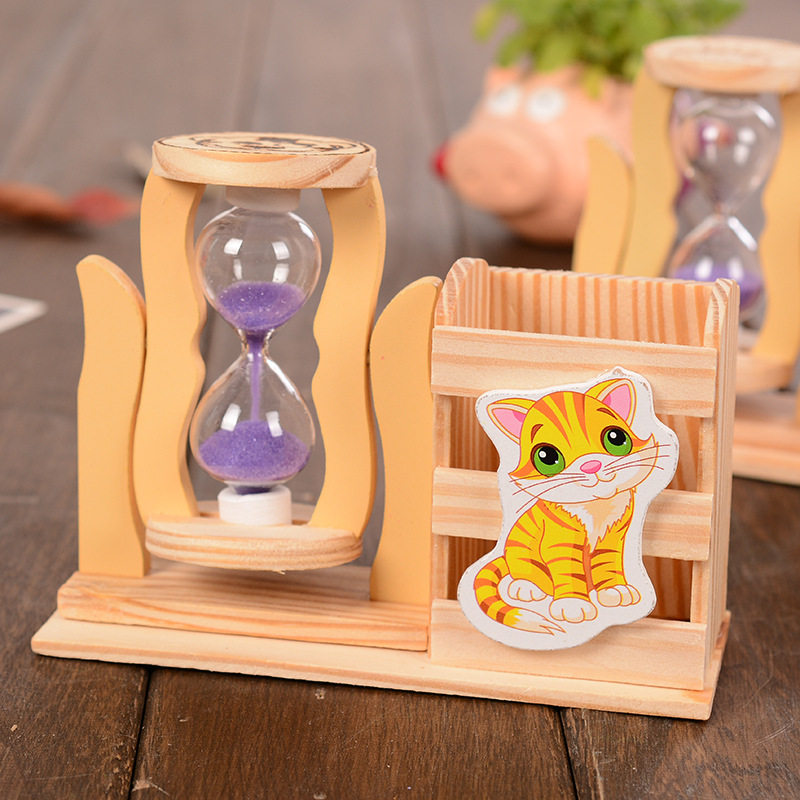 卡通可爱贴画旋转沙漏计时器创意生日礼物摆件木质学生书桌面笔筒