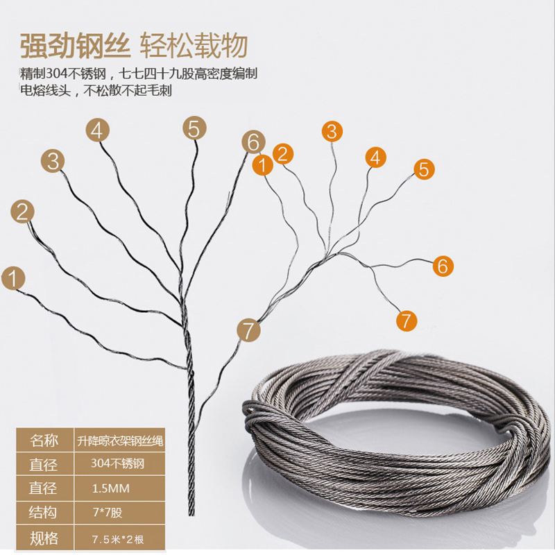 晒得乐晾衣架钢丝绳S304阳台凉衣架不锈钢丝线晒衣架加粗钢丝配件