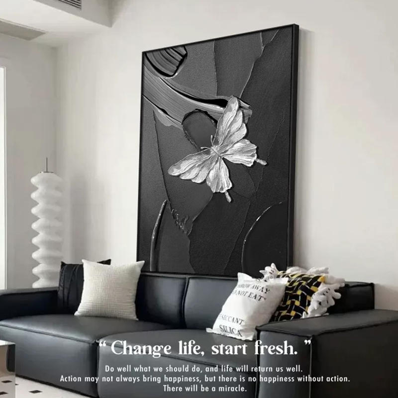 现代简约玄关装饰画高级感轻奢黑白蝴蝶砂岩壁画抽象客厅沙发挂画图片
