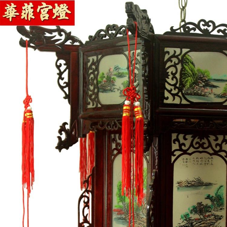 仿古山水画仿羊皮木制宫灯木质木雕茶楼宫廷吊灯寺庙长廊六角宫灯