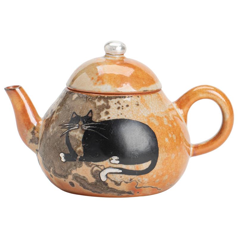 窑变志野烧日式功夫茶具茶壶手工绘银猫咪茶壶球孔过滤泡茶壶单壶