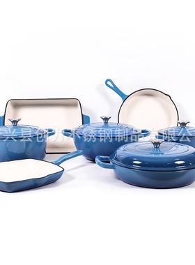 铸铁珐琅锅7件套妈咪锅无涂层汤锅煎盘7PCSSET礼品锅外贸frypan