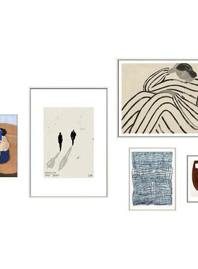 闲逸午后北欧风客厅沙发背景墙组合画抽象人物多联画几何玄关画