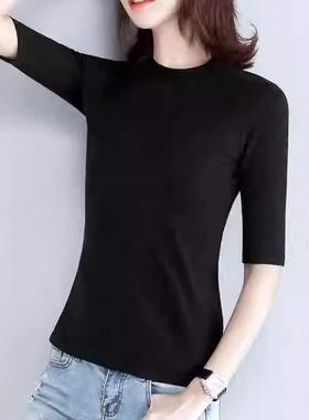 黑色新款纯棉宽松T恤女大码胖MM五分袖半高领春秋打底衫半袖上衣