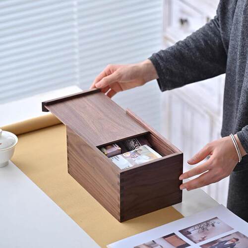 .黑胡桃木盒子全实木木制收纳盒榫卯结构复古怀旧抽拉盖推拉盖木