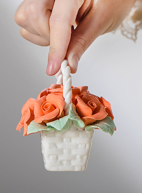 陶瓷手工花篮家居装饰花艺小摆A件车载客厅桌面电视柜仿真花朵摆